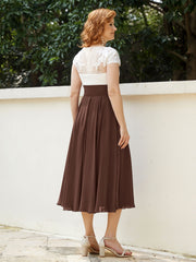 Col en V Mousseline Robe avec Bustier Appliqué Ivoire Chocolat