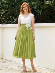 Col en V Mousseline Robe avec Bustier Appliqué Ivoire Trèfle