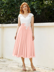 Col en V Mousseline Robe avec Bustier Appliqué Ivoire Corail