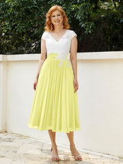 Col en V Mousseline Robe avec Bustier Appliqué Ivoire Jonquille