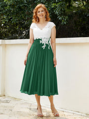 Col en V Mousseline Robe avec Bustier Appliqué Ivoire Vert Foncé