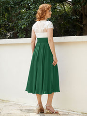 Col en V Mousseline Robe avec Bustier Appliqué Ivoire Vert Foncé