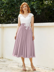 Col en V Mousseline Robe avec Bustier Appliqué Ivoire Dusk Grande Taille