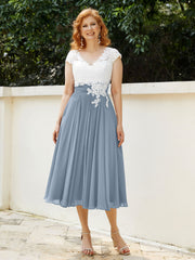 Col en V Mousseline Robe avec Bustier Appliqué Ivoire Bleu Poudré