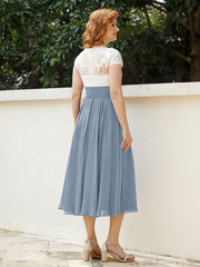 Col en V Mousseline Robe avec Bustier Appliqué Ivoire Bleu Poudré