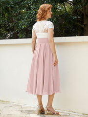 Col en V Mousseline Robe avec Bustier Appliqué Ivoire Rose Poudré