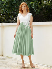 Col en V Mousseline Robe avec Bustier Appliqué Ivoire Sauge Poudrée Grande Taille