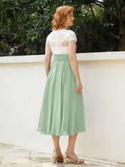 Col en V Mousseline Robe avec Bustier Appliqué Ivoire Sauge Poudrée