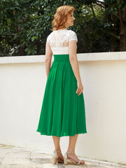 Col en V Mousseline Robe avec Bustier Appliqué Ivoire Emeraude