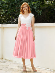 Col en V Mousseline Robe avec Bustier Appliqué Ivoire Flamant Grande Taille