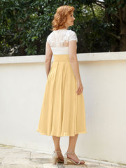 Col en V Mousseline Robe avec Bustier Appliqué Ivoire Or