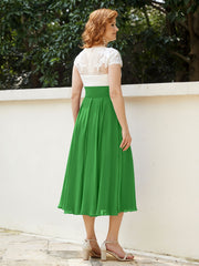 Col en V Mousseline Robe avec Bustier Appliqué Ivoire Vert