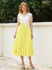 Col en V Mousseline Robe avec Bustier Appliqué Ivoire Citron