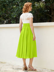 Col en V Mousseline Robe avec Bustier Appliqué Ivoire Vert Citron