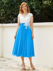 Col en V Mousseline Robe avec Bustier Appliqué Ivoire Bleu Océan