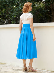 Col en V Mousseline Robe avec Bustier Appliqué Ivoire Bleu Océan