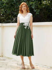 Col en V Mousseline Robe avec Bustier Appliqué Ivoire Olive Verte
