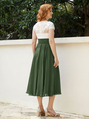 Col en V Mousseline Robe avec Bustier Appliqué Ivoire Olive Verte