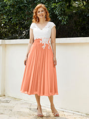Col en V Mousseline Robe avec Bustier Appliqué Ivoire Papaye