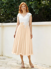 Col en V Mousseline Robe avec Bustier Appliqué Ivoire Pêche Grande Taille