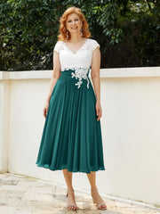 Col en V Mousseline Robe avec Bustier Appliqué Ivoire Paon