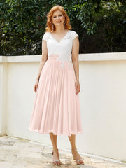 Col en V Mousseline Robe avec Bustier Appliqué Ivoire Rose Perle Grande Taille