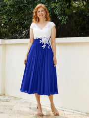 Col en V Mousseline Robe avec Bustier Appliqué Ivoire Bleu Royale