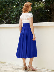 Col en V Mousseline Robe avec Bustier Appliqué Ivoire Bleu Royale