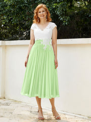 Col en V Mousseline Robe avec Bustier Appliqué Ivoire Sauge