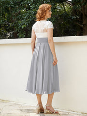 Col en V Mousseline Robe avec Bustier Appliqué Ivoire Argent