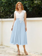 Col en V Mousseline Robe avec Bustier Appliqué Ivoire Bleu Ciel