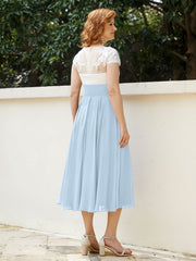 Col en V Mousseline Robe avec Bustier Appliqué Ivoire Bleu Ciel Grande Taille