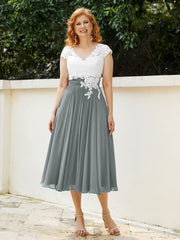 Col en V Mousseline Robe avec Bustier Appliqué Ivoire Gris Acier Grande Taille