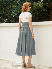 Col en V Mousseline Robe avec Bustier Appliqué Ivoire Gris Acier