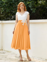 Col en V Mousseline Robe avec Bustier Appliqué Ivoire Mandarine Grande Taille
