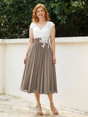 Col en V Mousseline Robe avec Bustier Appliqué Ivoire Taupe