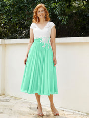 Col en V Mousseline Robe avec Bustier Appliqué Ivoire Turquoise