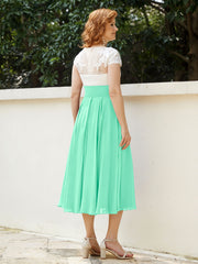 Col en V Mousseline Robe avec Bustier Appliqué Ivoire Turquoise