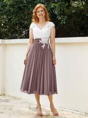 Col en V Mousseline Robe avec Bustier Appliqué Ivoire Vintage Mauve