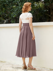 Col en V Mousseline Robe avec Bustier Appliqué Ivoire Vintage Mauve Grande Taille