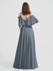 Volants Manches Spaghetti Bretelle Mousseline Robes Bleu de Schiste Grande Taille