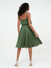 Bretelles Jupe Ronde Robes Courtes en Mousseline Olive Verte