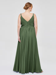 Robes Demoiselle d'honneure avec Deux Bretelles Mousseline Olive Verte