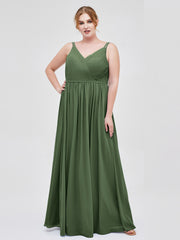 Robes Demoiselle d'honneure avec Deux Bretelles Mousseline Olive Verte Grande Taille