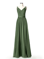 Robes Demoiselle d'honneure avec Deux Bretelles Mousseline Olive Verte