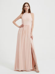 Licou Mousseline Simple Robe Avec Fente Rose Perle Grande Taille