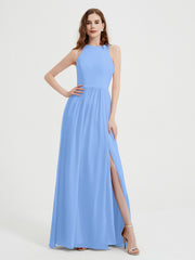 Licou Mousseline Simple Robe Avec Fente Bleu Grande Taille