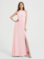 Licou Mousseline Simple Robe Avec Fente Rose Pâle Grande Taille