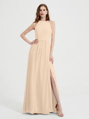 Licou Mousseline Simple Robe Avec Fente Champagne Grande Taille