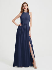 Licou Mousseline Simple Robe Avec Fente Bleu Marine